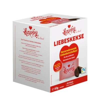 Abbildung von Happy in love Schokoglückskeks vegan, einer 10er Box, mit Liebesbotschaften (1 Box = 10 Glueckskekse à 6g)