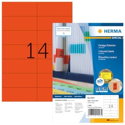 Abbildung von HERMA 4557 Farbige Etiketten rot, 100 Blatt, 105 x 42,3 mm, 14 pro A4 Bogen, 1400 Stück, selbstklebend, bedruckbar, matt, blanko Papier Farbetiketten Aufkleber