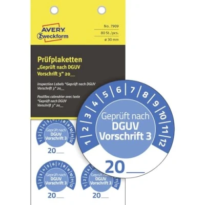 Abbildung von AVERY Zweckform 80 Stück Prüfplaketten Geprüft nach DGUV Vorschrift 3 20 (mit Jahreszahl zum selber eintragen, widerstandsfähig, selbstklebend, 30 mm, Prüfaufkleber, Prüfsiegel aus Vinyl) 7909 blau