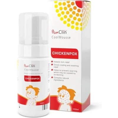 Abbildung von PoxClin CoolMousse 100 ml Behandlung gegen Windpocken bei Kindern Lindert die Symptome und den Juckreiz von auf der Haut Natürliche Inhaltsstoffe für gereizte oder geschädigte