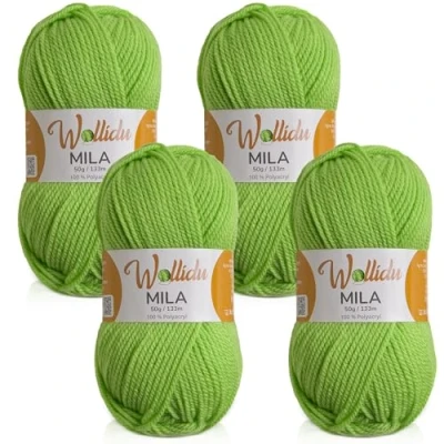 Abbildung von Wollidu Mila Garn zum Häkeln und Stricken 4 x 50g/133m Strickgarn 100% Polyacryl Häkelgarn Kiwi Grün