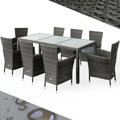 Abbildung von Casaria® Gartenmöbel Polyrattan 8 Stühle Stapelbar 190x90cm Gartentisch Glas Wetterfest Outdoor Modern Terrasse Sitzgruppe Essgruppe Garnitur Set Grau