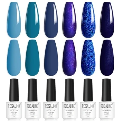 Abbildung von ROSALIND UV Nagellack, 6 Farben Glitzer Blau Marineblau Shellac Gel Nagellack Set Soak Off Nail Polish für Anfänger Art Salon DIY