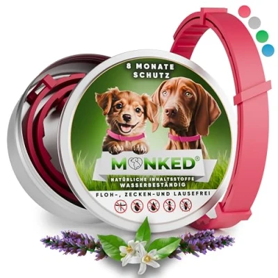 Abbildung von Monked Natürliches Flohhalsband Hunde ohne Chemie Zeckenhalsband für klein &amp; groß Größenverstellbar bis 8 Monate Schutz Zeckenschutz Hund Anti Floh [Pink]