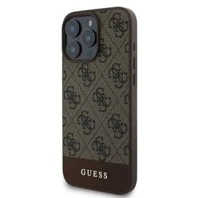 Abbildung von CG MOBILE Guess Schutzhülle aus PU Leder für iPhone 16 Pro Max mit Streifen an der Unterseite, Braun