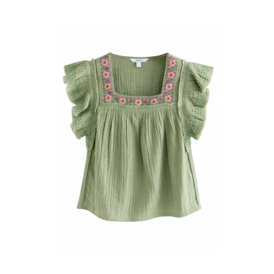 Abbildung von Next Regular FIT SOFT Short Sleeve Embroidered Square NECK Top, Damen, Größe: 38, Khaki green
