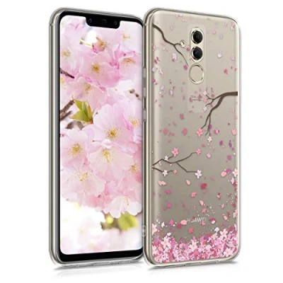 Abbildung von kwmobile Case kompatibel mit Huawei Mate 20 Lite Hülle Silikon Transparent Kirschblütenblätter Rosa Dunkelbraun