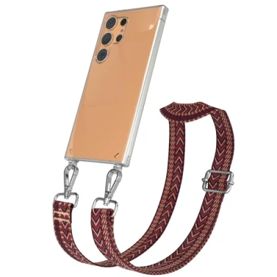 Abbildung von EAZY CASE Handykette mit verstellbarem Trageriemen kompatibel Samsung Galaxy S24 Ultra Taschengurt transparenter Handyhülle für Hülle Schulterriemen in Rot Braun Silber