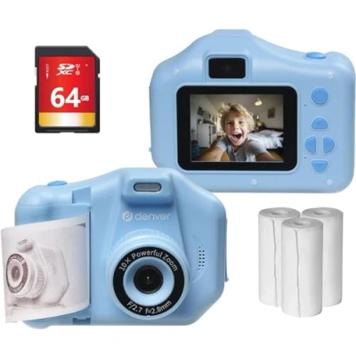 Abbildung von Denver Kids Sofortdruckkamera mit 150 Fotopapier &amp; 64GB SD Karte Wiederaufladbar, 10X Zoom Foto, 1440P HD Video Digitalkamera für Kinder 4 Spielen, Selfie Objektiv Foto Cartoon Rahmen Blau