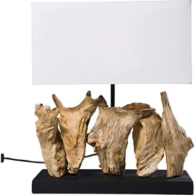 Abbildung von Kare Design Tischlampe Nature, Braun/Weiß, Tischleuchte, Massivholz, Baumwoll Schirm, rechteckig, Schreibtischlampe, Holz, kein Leuchtmittel inklusive, 43x35x15 cm (H/B/T)