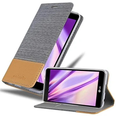 Abbildung von Cadorabo Hülle kompatibel mit LG X Power aus Premium Jeans und Kunst Leder Flip Klappbare Stoßfeste Magnetische [Standfunktion] [Kartenfächern] Cover für Tasche in Grau