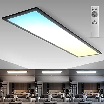 Abbildung von B.K.Licht Deckenleuchte LED Panel 100x25cm schwarz mit Fernbedienung dimmbar BKL1498, Dimmfunktion, fest integriert, CCT Farbtemperatursteuerung Warmweiß / Neutralweiß Kaltweiß, flache Büro Deckenlampe 65mm eckig 24W 2600lm Nachtlicht Timer