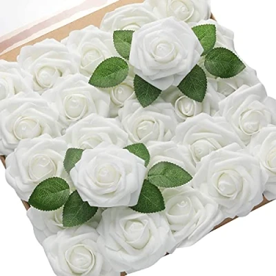 Abbildung von PIQIUQIU 25 Stück Künstliche Blumen Rosen Kunstblumen Rosenköpfe Gefälschte für Geburtstagsdeko, Hochzeitsdeko, Party Deko (Weiß)