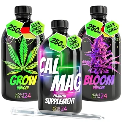 Abbildung von Homegrow24 Dünger Set Trio, für die ganzheitliche Pflege von Cannabis Pflanzen, 3er je 250 ml, 100% natürlich, reiche Ernte und gesunde Pflanzen