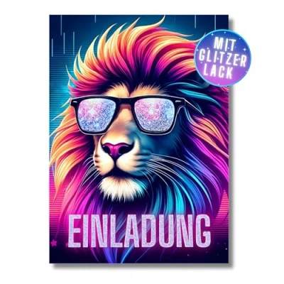 Abbildung von HIDEBLOOM I Glitzer Einladungskarten Kindergeburtstag Löwe 12 Stück DIN A6 (10,5 cm x 14,8 cm) Einladung Geburtstag Kinderparty Teenager Mädchen Postkarten Kinder