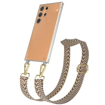 Abbildung von EAZY CASE Handykette mit verstellbarem Trageriemen kompatibel Samsung Galaxy S24 Ultra Taschengurt transparenter Handyhülle für Hülle dünner Schulterriemen in Braun Gold