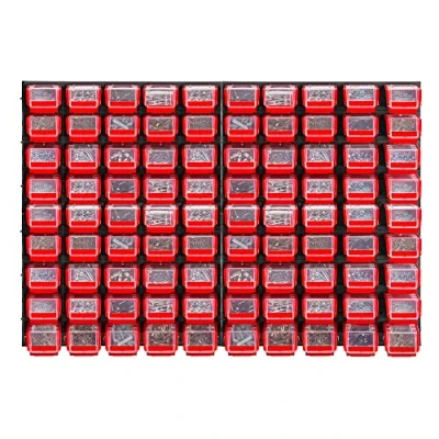 Abbildung von KADAX Werkstattwandregal, 116x78cm Lagersystem aus robustem Kunststoff, UV Resistentes Werkstattregal, Erweiterbare Wandplatten, Schüttenregal für Garage, (Rot, 90 TLG.)