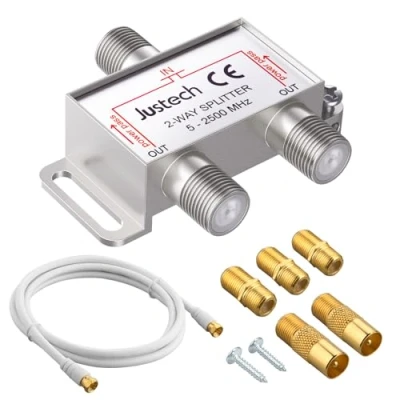 Abbildung von Justech 2 Fach TV Radio F Stecker Adapter Kabel Antennen Verteiler SAT Splitter Metall inkl. + x auf Koax 3 Buchse Kupplung