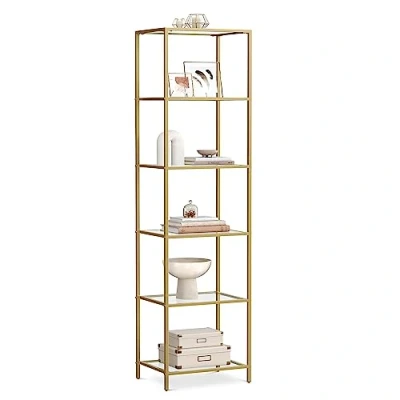 Abbildung von VASAGLE Regal mit 6 Ablagen, Badregal, gehärtetes Glas, einfache Montage, für Badezimmer, Wohnzimmer, Küche, Büro, transparent metallisches Gold LGT500A01
