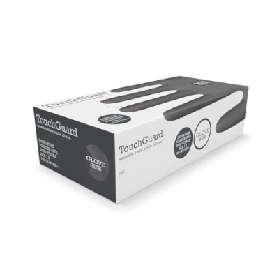 Abbildung von TouchGuard Einweghandschuhe, Nitril, sensitiv, puderfrei, Box mit 100 Stück, Größe M, Schwarz