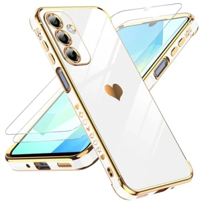 Abbildung von LeYi Handyhülle für Samsung Galaxy A16 5G Hülle mit 2*Schutzfolie, Cute Herz Muster TPU Silikon Galvanik Stoßfest Schutzhülle Cover Case, Kameraschutz Kratzfest A 16 4G/5G Weiß
