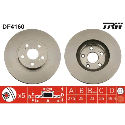 Abbildung von TRW DF4160 Bremsscheibe 275 25 5 100 Belüftet lackiert TOYOTA: Celica VII Coupe