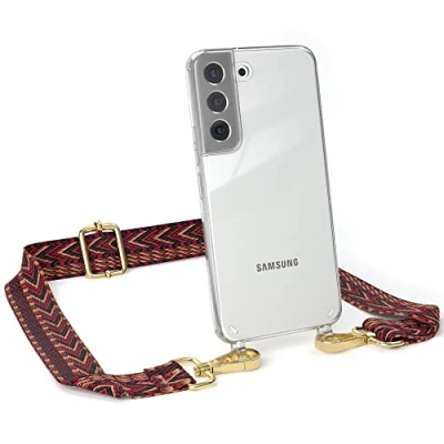 Abbildung von EAZY CASE Handykette Verstellbarer Trageriemen kompatibel mit Samsung Galaxy S22, Schulterriemen, Festivalbag transparentem Cover, zum Umhängen, Rot/Braun Schnalle Gold