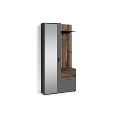 Abbildung von byLIVING Kompakt Garderobe Jakob/Korpus in Old Wood braun/Schubladen Front anthrazit/Garderobe mit großer Spiegeltür/Fest montiertes Set/Kommode/Schuh Schrank/B 97, H 195, T 30 cm