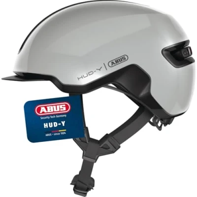 Abbildung von ABUS Urban Helm HUD Y mit magnetischem, aufladbarem LED Rücklicht &amp; Magnetverschluss cooler Fahrradhelm für den Alltag Damen und Herren Grau Glänzend, Größe M