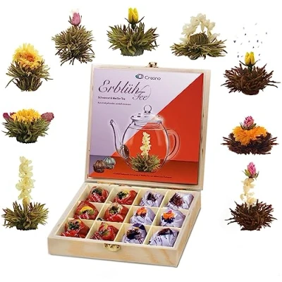 Abbildung von Creano Teeblumen Geschenkset in Teekiste aus Holz 12 Erblühtee 9 Sorten Weißtee &amp; Schwarztee, Geschenk für Frauen, Mutter, Teeliebhaber