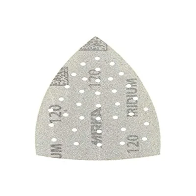 Abbildung von Mirka Iridium Schleifdreieck Premium Schleifpapier 100x152x152mm 36 Loch Klett Korn 120, 50 Stk / Zum Schleifen von Lack, Spachtel, Grundierung, Holz, Stahl, Mineralwerkstoffe, Kunststoff