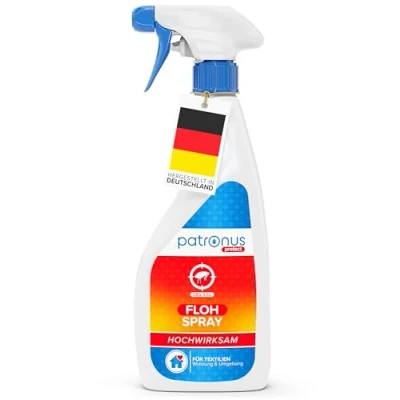 Abbildung von Patronus Floh Spray für Wohnung &amp; Umgebung 500 ml effektives Abwehr Mittel gegen Flöhe mit Sofortschutz hochwirksam laborgeprüft dezentem Eukalyptusduft
