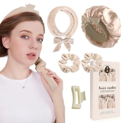 Abbildung von Locken Ohne Hitze,Samt Lockenwickler Über Nacht mit Schlafmütze, Hair Curler DIY Haare Lockenband Frisurenset,Lockenwickler Nacht,Heatless Curls Band für Langes Mittleres Haar Khaki
