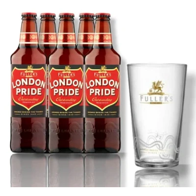 Abbildung von 5 Flaschen Fuller`s London Pride Bier inklusive Glas