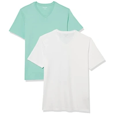 Abbildung von Amazon Essentials Herren T Shirt mit kurzen Ärmeln, V Ausschnitt und schmaler Passform, 2er Pack, Minzgrün/Weiß, XL