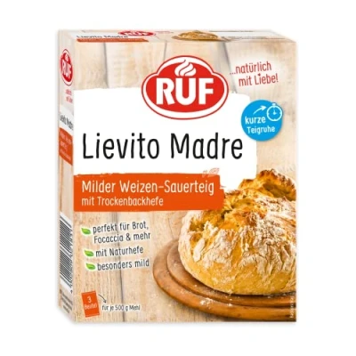 Abbildung von RUF Lievito Madre Sauerteig, milder Weizen Mutterteig, kurze Teigruhe durch enthaltene Trockenhefe, getrocknet für Brot, Baguette, Focaccia, 3x35g