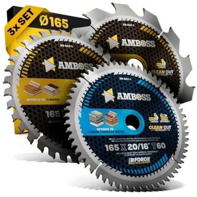 Abbildung von Ø165 x 20 Hand Kreissägeblatt Set passend für Bosch GKS 165 55. Makita DHS630Z AMBOSS WERKZEUGE® 165x20 Sägeblatt Sortiment