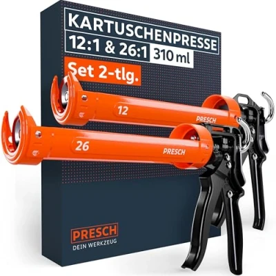 Abbildung von Presch Kartuschenpressen Set 26:1 &amp; 12:1 inkl. Nachlaufstopp Silikonspritzen für Kartuschen bis 310ml (Acryl, Silikon Montagekleber) Kartuschenpistolen 360 drehbar Einstechwerkzeug