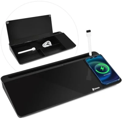Abbildung von Varhomax Glas Schreibtisch Whiteboard schwarz mit kabellosem Ladegerät, trocken abwischbares Aufbewahrung, Schreibtischtafel, Buddy To Do Liste, Memo Notizblock für Zuhause und Büro
