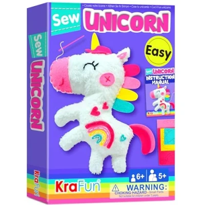 Abbildung von KRAFUN Nähset für Kinder, Anfänger, My First Art &amp; Craft, enthält Einhorn Puppe, Stofftier, Anleitung und Plüschfilzmaterialien zum Nähen lernen, Sticken, Alter 7 8 9 10 11 12