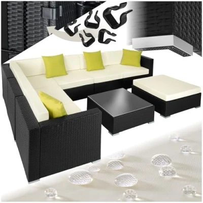 Abbildung von tectake® Poly Rattan Lounge, Garten Loungemöbel Set für 6 Personen, große Sitzgruppe mit L Form Sofa und Esstisch Outdoor, Gartenmöbel wetterfest, Terrassenmöbel inkl. Hocker Kissen schwarz