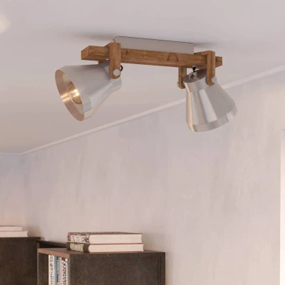 Abbildung von Eglo 43949 Spotleuchte CAWTON Stahl, Holz stahlfarben, braun rustikal E27 2X40W L:58.5cm B:16cm H:25cm dimmbar