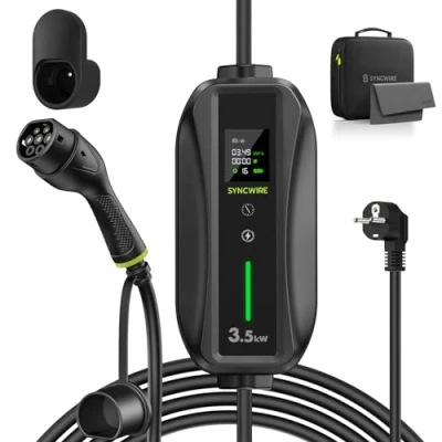 Abbildung von SYNCWIRE EV Ladegerät Typ 2 Anschluss Ladekabel 5,5m, Schuko 6/8/10/13/16A Einstellbare Strom, Klarer LCD Anzeige, IP65 wasserdichte Ladegerätbox, Kabelhalterung, Aufbewahrungstasche