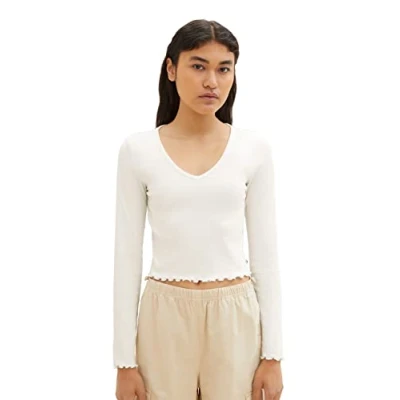 Abbildung von TOM Tailor Denim Cropped Langarmshirt, Damen, Größe: XXL, Gardenia white