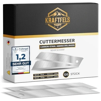 Abbildung von KRAFTFELS 120x Profi Cuttermesser Klingen 18mm Ersatzklingen aus hochwertigem Carbonstahl Ultra scharf &amp; stabil Abbrechklingen für Cutter Messer Silber…
