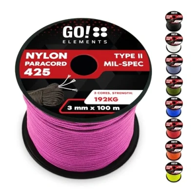 Abbildung von GO!elements 100m Paracord Seil aus reißfestem Nylon 3mm 425 Typ II max. 192kg Schnüre als Outdoor Seil, Allzweckseil, Survival Armband, Hundeleine, Nylonschnur, Farbe: Rosa