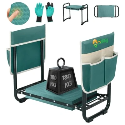 Abbildung von Sekey Höhenverstellbare Kniebank für Gartenarbeit Belastbarkeit 180KG, Gartenhocker Klappbar mit Werkzeugtaschen, Knie Komfort Garten, Grün