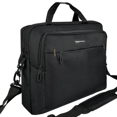 Abbildung von Amazon Basics kompakte Laptoptasche, Umhängetasche/Tragetasche mit Taschen zur Aufbewahrung von Zubehör, für Laptops bis zu 15,6 Zoll (39,6 cm), Schwarz, 1 Stück