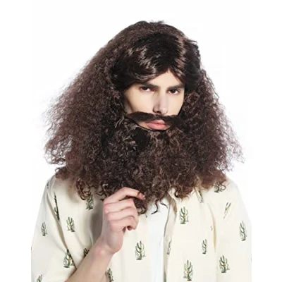 Abbildung von WIG ME UP 210331 P4 Perücke &amp; Bart Set Karneval Halloween lang lockig braun Guru Hippie Hipster