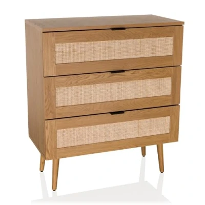 Abbildung von hjh LIVING Kommode mit Rattangeflecht 80x40x90 cm BOHEO K Schrank 3 Schubladen, Schubladenkommode viel Stauraum, Eiche Optik
